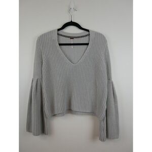Free People Grey V Neck Chunky Cotton Knit Bell Sleeve Sweater XS